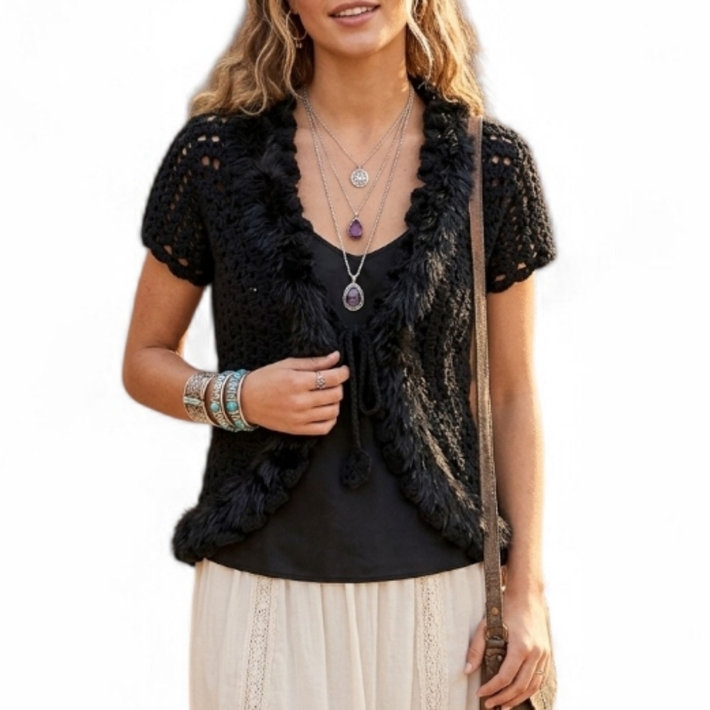 Vintage Rox B Crochet Faux Fur Trim Bolero Shrug